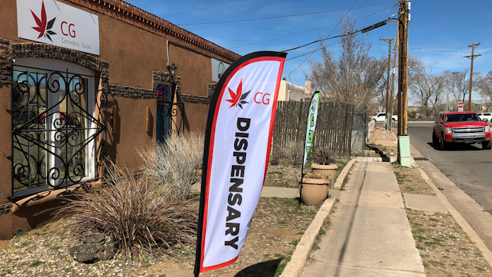 In this Wednesday, March 6, 2019, photo, the exterior of a medical marijuana dispensary is seen in Santa Fe, N.M.