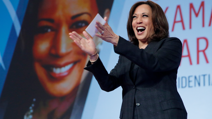 In this March 1, 2019, file photo, Sen. Kamala Harris, D-Calif., speaks at the Black Enterprise Women of Power Summit in Las Vegas.