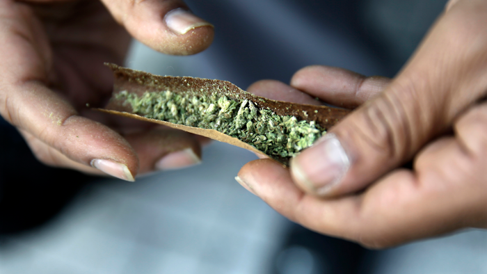 In this March 21, 2015, file photo, a man rolls a marijuana cigarette near the statehouse in Trenton, N.J.