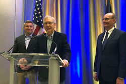 Senate Majority Leader Mitch McConnell speaks to reporters on Monday, April 8, 2019, after participating in a hemp forum in Louisville, Ky.