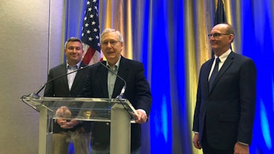 Senate Majority Leader Mitch McConnell speaks to reporters on Monday, April 8, 2019, after participating in a hemp forum in Louisville, Ky.