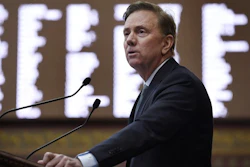 In this Wednesday, Feb. 20, 2019, photo, Connecticut Gov. Ned Lamont delivers his budget address at the State Capitol in Hartford, Conn.