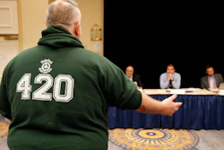 Joseph Baker testifies during a hearing held by Maine Office of Marijuana Policy, Thursday, May 23, 2109, in Portland.