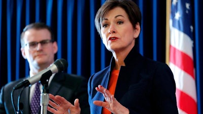 In this Jan. 8, 2018, file photo, Iowa Gov. Kim Reynolds speaks during a news conference at the Statehouse in Des Moines.