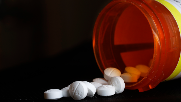 This Aug. 29, 2018, file photo shows an arrangement of Oxycodone pills in New York. A new study shoots down the notion that medical marijuana laws can prevent opioid overdose deaths. Chelsea Shover of Stanford University School of Medicine and colleagues reported the findings Monday, June 10, in Proceedings of the National Academy of Sciences.
