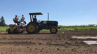 In this Thursday, June 13, 2019, photo, a team of Oregon State University employees spreads hemp seeds in a field using a tractor at a research station in Aurora, Ore., that's part of the university's newly announced Global Hemp Innovation Center.