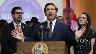 In this May 9, 2019 file photo, Gov. Ron DeSantis speaks during a bill signing ceremony in Miami Gardens, Fla.