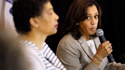 Democratic presidential candidate Sen. Kamala Harris, D-Calif., speaks during a Women of Color roundtable discussion, Tuesday, July 16, 2019, in Davenport, Iowa.