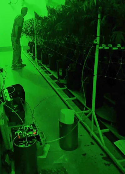 A scientist from the Desert Research Institute measures air quality inside of a cannabis growing facility.