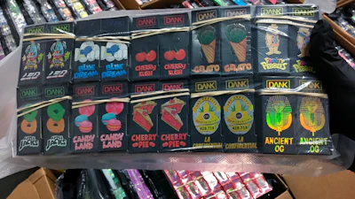 In this Sept. 23, 2019, photo shows 'Dank' packaging, part of the 75,000 THC vaping cartridges seized in a record drug bust in Anoka County, Minn.