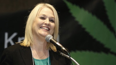 In this Sept. 28, 2017, file photo, Lori Ajax, head of California's Bureau of Cannabis Control, addresses an industry group meeting in Long Beach, Calif.