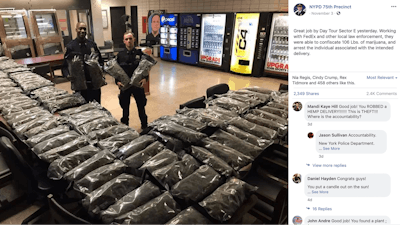 In this undated photo taken from the New York Police Department Facebook page, officers stand by what NYPD thought was marijuana, Nov. 2, 2019.
