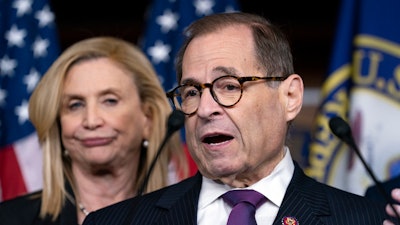 House Judiciary Committee Chairman Jerrold Nadler, D-N.Y., joined at left by acting House Oversight Chair Carolyn Maloney, at the Capitol in Washington, Oct. 31, 2019.