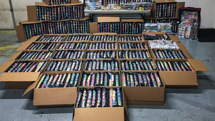 This photo, provided Nov. 7, 2019, shows some of the 75,000 THC vaping cartridges seized by Minnesota's Northwest Metro Drug Task Force.