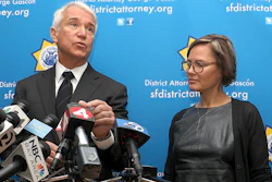 San Francisco district attorney George Gascon, left, and Code For America founder Jennifer Pahlka at a press conference in San Francisco, Feb. 25, 2019.