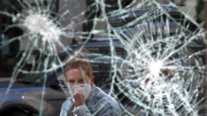 Smashed storefront window in Boston's Downtown Crossing, June 1, 2020.