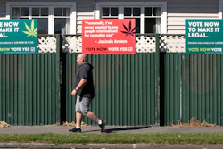 Signs support making marijuana legal, Christchurch, New Zealand, Oct. 16, 2020.