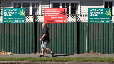 Signs support making marijuana legal, Christchurch, New Zealand, Oct. 16, 2020.