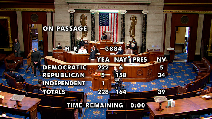 This image from House Television shows the final vote, 228-164, in the House on passage of a bill to decriminalize and tax marijuana at the federal level. The bill now goes to the Republican-controlled Senate, where it is unlikely to move forward.