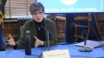 Kansas Gov. Laura Kelly during a news conference at the Statehouse in Topeka, April 1, 2020.