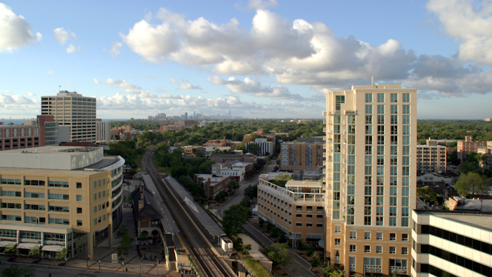 Chicago skyline seen from downtown Evanston, Ill.