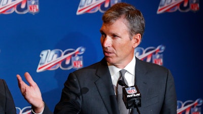 In this Oct. 15, 2019, file photo, Dr. Allen Sills, the NFL's chief medical officer, speaks during a news conference at the at the football league's fall meeting in Fort Lauderdale, Fla. Playing a season through a pandemic did not take the NFL's attention off other health issues, specifically concussions with the league finding those dropped about 5% in 2020. Sills said the league had 262 cases of COVID-19 among players and 463 cases among coaches, staff and other personnel. The NFL had an overall test positivity rate from Aug. 1 through the end of January of 0.08%, well below the country's positivity rate and almost all the league's markets.