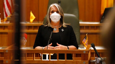 New Mexico Gov. Michelle Lujan Grisham speaks following the end of the annual legislative session, March 20, 2021, Santa Fe.