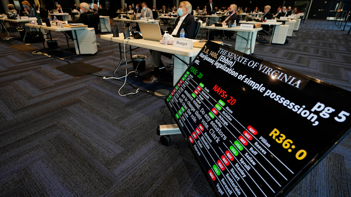 Board displaying the vote on a bill legalizing marijuana during a Senate reconvene session, Science Museum of Virginia, Richmond, April 7, 2021.