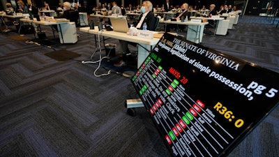 Board displaying the vote on a bill legalizing marijuana during a Senate reconvene session, Science Museum of Virginia, Richmond, April 7, 2021.