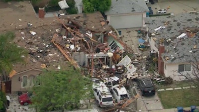 Image from video showing the aftermath of an explosion at a home in Los Angeles, April 12, 2021.
