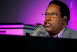 Radio talk show host Larry Elder speaks during his show, Burbank, Calif., July 12, 2021.