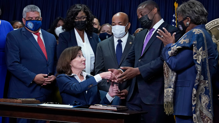 New York Gov. Kathy Hochul during the signing of the 'Less is More' law, Sept. 17, 2021.