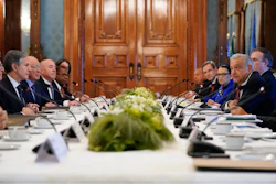 Mexican President Andrés Manuel López Obrador, right, speaks during a working breakfast with Secretary of State Antony Blinken at the National Palace in Mexico City, Friday, Oct. 8, 2021.