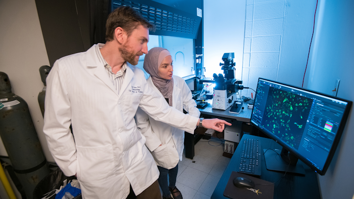 Jason Paris (left) and fourth-year graduate student Alaa Qrareya image calcium in cultured neural cells in Paris’ laboratory in 2019 at the School of Pharmacy, Oxford, Miss.