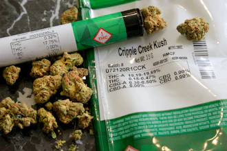 The THC percentages of recreational marijuana are visible on the product packaging sitting on a countertop, April 19, 2021, in Mamaroneck, N.Y. New York is proposing a $200 million fund to help people of color, women and some others start marijuana businesses.