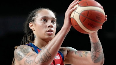 United States' Brittney Griner (15) shoots during a preliminary round women's basketball game against Nigeria at the 2020 Summer Olympics, on July 27, 2021, in Saitama, Japan.