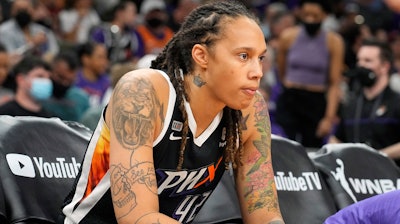 Phoenix Mercury center Brittney Griner sits during the first half of Game 2 of basketball's WNBA Finals against the Chicago Sky, Wednesday, Oct. 13, 2021, in Phoenix. Griner is easily the most prominent American citizen known to be jailed by a foreign government. Yet as a crucial hearing approaches next month, the case against her remains shrouded in mystery, with little clarity from the Russian prosecutors.