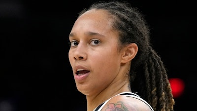 Phoenix Mercury center Brittney Griner during the first half of Game 2 of basketball's WNBA Finals against the Chicago Sky, Oct. 13, 2021, in Phoenix.