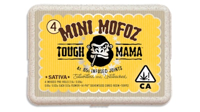 Each award winning biodegradable package of Mini Mofoz Joints contains four unbleached joints infused directly down the middle with solventless cured resin.