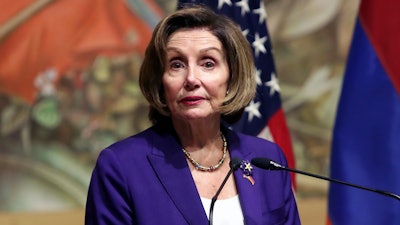 U.S. House of Representatives Nancy Pelosi speaks at the Cafesjian Center for the Arts in Yerevan, Armenia, Sunday, Sept. 18, 2022.