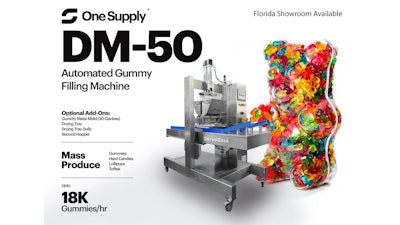 The DM50X from OneSupply is a mini small-batch depositor that produces up to 18,000 candies/gummies per hour at a depositing speed of 35 times per minute