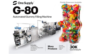 The G80 from OneSupply is a batch depositor that produces up to 30,000 candies/gummies per hour.