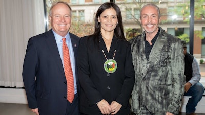 ICIA Executive Director Mary Jane Oatman (center) stands with Congressman David Joyce (OH) (left) and Tom Rodgers, Carlyle Consulting (right) at the inaugural National Indigenous Cannabis Policy Summit in D.C. last month.
