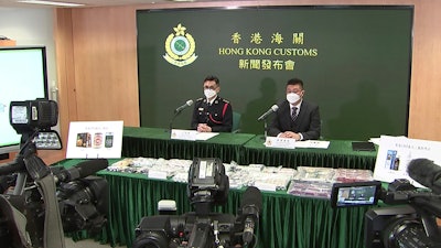 In this image made from a video, Hong Kong Customs officials speak at a press conference in Hong Kong, Friday, Jan. 27, 2023.