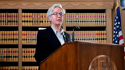 Oregon Gov. Tina Kotek speaks at the State Library of Oregon in Salem on Jan. 31, 2023.
