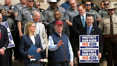 Former Oklahoma Gov. Frank Keating speaks at a No on 820 rally on the south plaza of the Capitol in Oklahoma City on Monday, March 6, 2023.