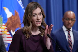 DEA Administrator Anne Milgram, left, speaks as United States Attorney for the Southern District of New York Damian Williams, right, listens during a news conference at the Justice Department in Washington, Friday, April 14, 2023.