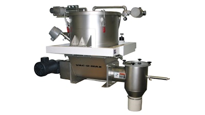 A vacuum receiver with screw discharger for vacuum conveying course hemp from source to processing and packaging lines.
