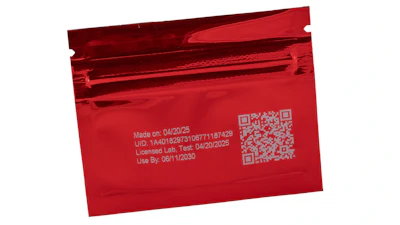 Videojet Thermal Transfer Overprinter (TTO) codes on foil cannabis packaging.