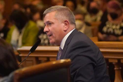 Supervisor Matt Dorsey speaks during a San Francisco Board of Supervisors meeting in San Francisco on Jan. 9, 2024. The most stolen books from San Francisco public libraries' shelves are not the hottest new novels or juicy memoirs, they are books about recovering from addiction. Supervisor Dorsey on Tuesday, Feb. 20, 2024, introduced legislation to create a program to distribute free addiction recovery books at the city's 27 public libraries.